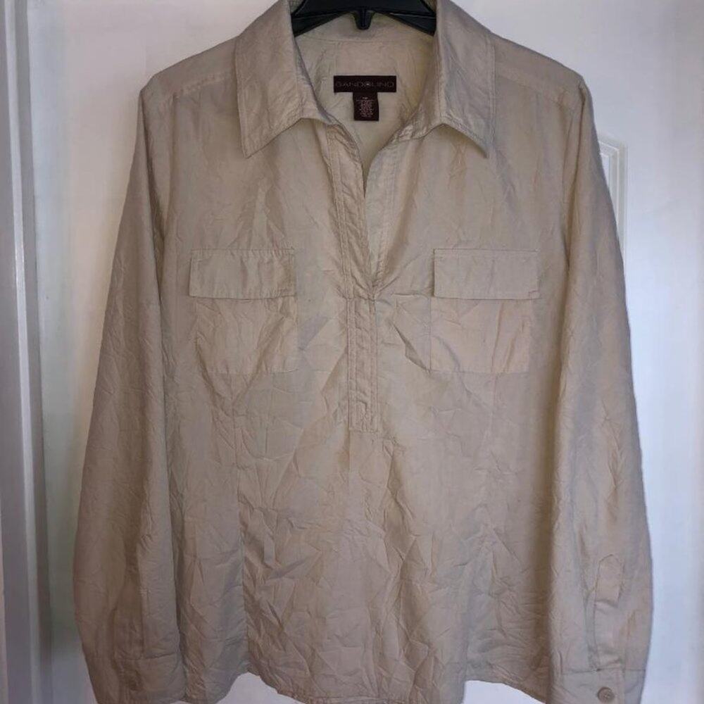 Women's Bandolino Button Up Collared Crinkle Design Beige Shirt Size 18